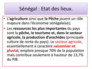 Sénégal : Etat des lieux.
• L’agriculture ainsi que la Pêche jouent un rôle
majeure dans l’économie sénégalaise);
• Les re...
