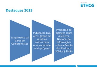 Destaques 2013

Lançamento da
Carta de
Compromissos

Publicação Lixo
Zero: gestão de
resíduos
sólidos para
uma sociedade
mais própera

Promoção de
diálogos sobre
o Sistema
Nacional de
Informações
sobre a Gestão
dos Resíduos
Sólidos ( SINIR)

 