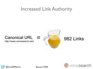 Increased Link Authority




Canonical URL
http://www.vervesearch.com
                             =          982 Links




@LisaDMyers                  #ecomTIM
 
