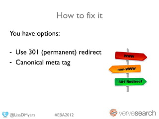 How to fix it
You have options:

- Use 301 (permanent) redirect
- Canonical meta tag




@LisaDMyers    #EBA2012
 