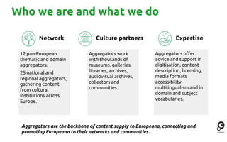 Who we are and what we do
Member States and
regional authorities
are the main funders
of national and
regional aggregators...