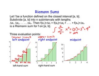 Riemann Sums


    2           n       1    1    2   2        n     n




left endpoint        right endpoint       midpoint
 