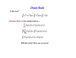 Chain Rule
Is this true?




Product Rule (?) for antiderivatives ...




                Will this work? How can we test it?
 