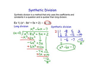3 2
Long division Synthetic division
Synthetic Division
 