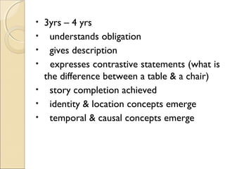 •
•
•
•
•
•
•

3yrs – 4 yrs
understands obligation
gives description
expresses contrastive statements (what is
the difference between a table & a chair)
story completion achieved
identity & location concepts emerge
temporal & causal concepts emerge

 