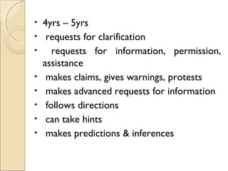 •
•
•
•
•
•
•
•

4yrs – 5yrs
requests for clarification
requests for information, permission,
assistance
makes claims, gives warnings, protests
makes advanced requests for information
follows directions
can take hints
makes predictions & inferences

 