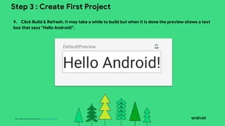 This work is licensed under the Apache 2.0 License
Step 3 : Create First Project
9. Click Build & Refresh. It may take a while to build but when it is done the preview shows a text
box that says "Hello Android!".
 