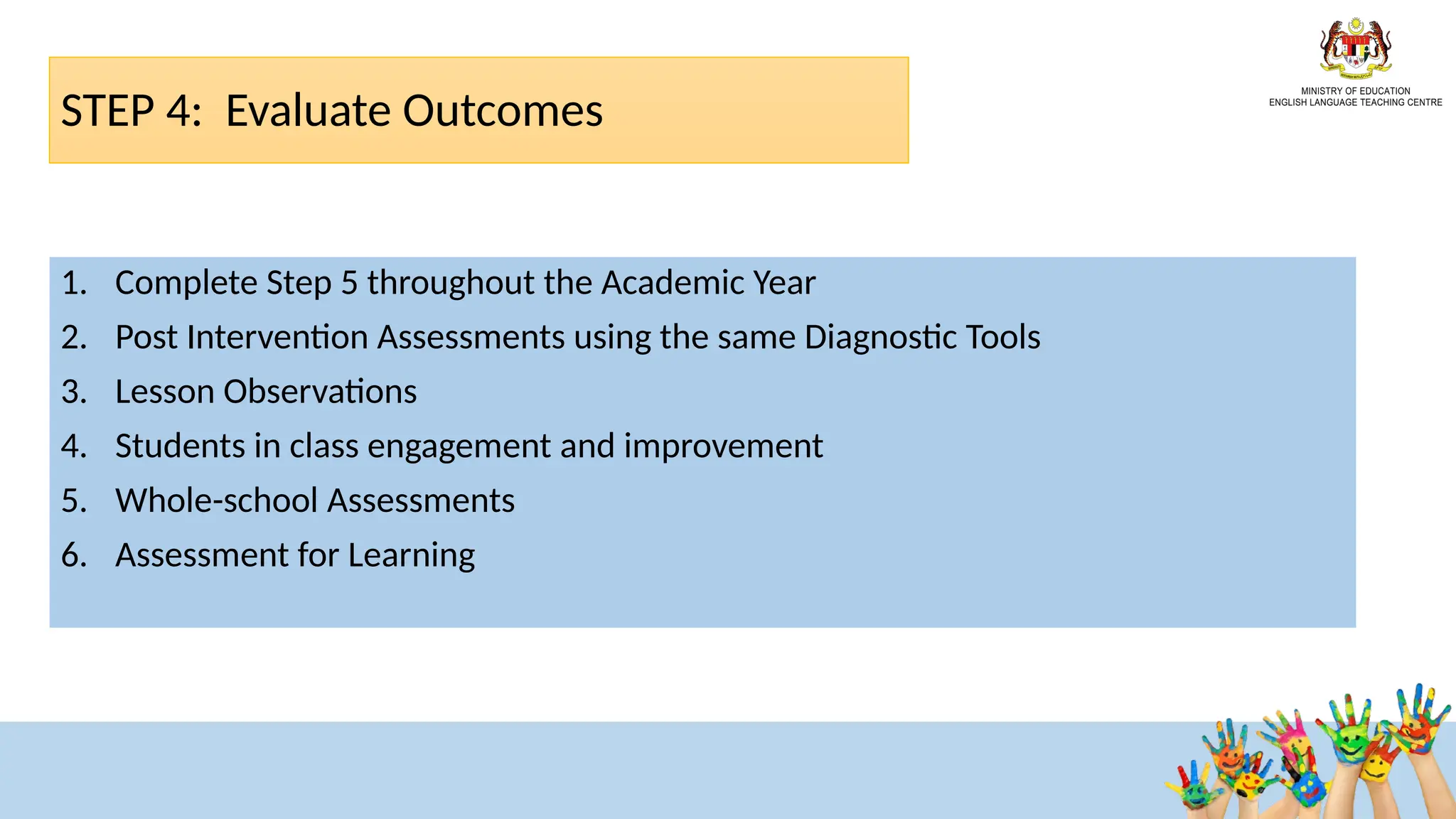 STEP 4: Evaluate Outcomes ​
1. Complete Step 5 throughout the Academic Year
2. Post Intervention Assessments using the same Diagnostic Tools
3. Lesson Observations
4. Students in class engagement and improvement
5. Whole-school Assessments
6. Assessment for Learning
 