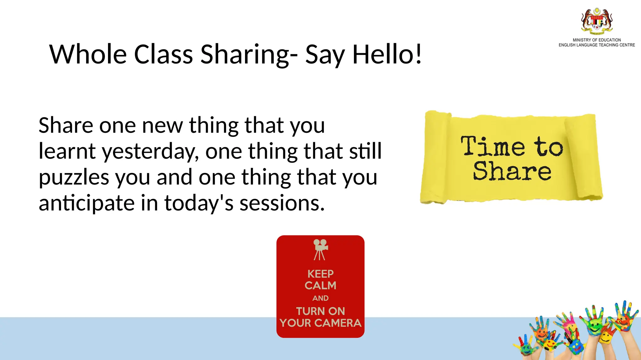 Whole Class Sharing- Say Hello!​
Share one new thing that you
learnt yesterday, one thing that still
puzzles you and one thing that you
anticipate in today's sessions. ​
 