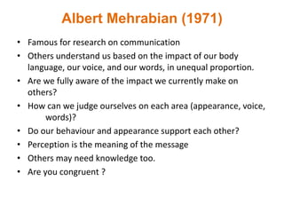 Albert Mehrabian (1971)
• Famous for research on communication
• Others understand us based on the impact of our body
language, our voice, and our words, in unequal proportion.
• Are we fully aware of the impact we currently make on
others?
• How can we judge ourselves on each area (appearance, voice,
words)?
• Do our behaviour and appearance support each other?
• Perception is the meaning of the message
• Others may need knowledge too.
• Are you congruent ?
 