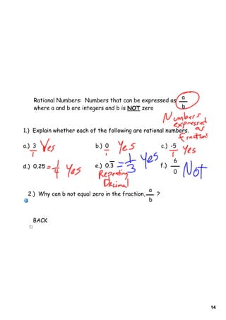 a
    Rational Numbers: Numbers that can be expressed as
    where a and b are integers and b is NOT zero                   b



1.) Explain whether each of the following are rational numbers.

a.) 3                      b.) 0                         c.) -5

                                                               6
d.) 0.25                   e.) 0.3                       f.)
                                                               0


                                                 a
 2.) Why can b not equal zero in the fraction,       ?
                                                 b


   BACK




                                                                       14
 
