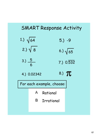 SMART Response Activity

1.)    64            5.) -9

 2.)       8         6.)    65

 3.)   5
                     7.) 0.532
       6

 4.) 0.02342         8.)

For each example, choose:




                                 17
 
