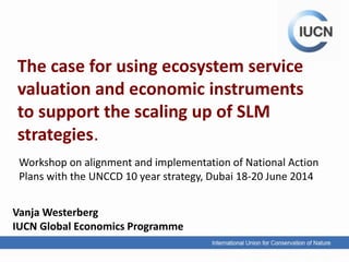 The case for using ecosystem service
valuation and economic instruments
to support the scaling up of SLM
strategies.
Vanja Westerberg
IUCN Global Economics Programme
Workshop on alignment and implementation of National Action
Plans with the UNCCD 10 year strategy, Dubai 18-20 June 2014
 