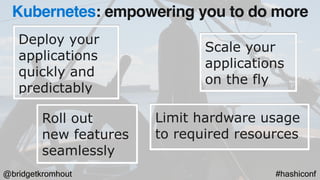 @bridgetkromhout #hashiconf
Deploy your
applications
quickly and
predictably
Scale your
applications
on the fly
Roll out  
new features
seamlessly
Limit hardware usage
to required resources
Kubernetes: empowering you to do more
 