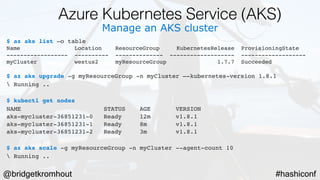 @bridgetkromhout #hashiconf
Manage an AKS cluster
$ az aks list –o table
Name Location ResourceGroup KubernetesRelease ProvisioningState
------------------ ---------- -------------- ------------------- -------------------
myCluster westus2 myResourceGroup 1.7.7 Succeeded
$ az aks upgrade -g myResourceGroup -n myCluster –-kubernetes-version 1.8.1
 Running ..
$ kubectl get nodes
NAME                   STATUS    AGE       VERSION
aks-mycluster-36851231-0   Ready     12m       v1.8.1
aks-mycluster-36851231-1   Ready     8m       v1.8.1
aks-mycluster-36851231-2   Ready     3m       v1.8.1
$ az aks scale -g myResourceGroup -n myCluster --agent-count 10
 Running ..
Azure Kubernetes Service (AKS)
 