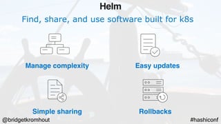 @bridgetkromhout #hashiconf
Find, share, and use software built for k8s
Manage complexity Easy updates
Simple sharing Rollbacks
Helm
 