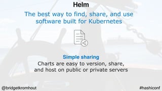 @bridgetkromhout #hashiconf
The best way to find, share, and use
software built for Kubernetes
Simple sharing
Charts are easy to version, share,
and host on public or private servers
Helm
 