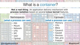 @bridgetkromhout #hashiconf
Namespaces Cgroups
Not a real thing. An application delivery mechanism with
process isolation based on several Linux kernel features.
• PID
• Mount
• Network
• UTS
• IPC
• User
• Cgroup
• Memory
• CPU
• Blkio
• Cpuacct
• Cpuset
• Devices
• Net_prio
• Freezer
(what a process can see) (what a process can use)
What is a container?
 