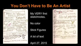 You Don’t Have to Be An Artist
My VERY first
sketchnotes.
No color
Stick Figures
A lot of text
April 27, 2015
 