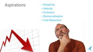Aspirations • Simplicity
• Velocity
• Evolution
• Democratisation
• Cost Reduction
SIMPLICITY
 