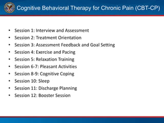 • Session 1: Interview and Assessment
• Session 2: Treatment Orientation
• Session 3: Assessment Feedback and Goal Setting
• Session 4: Exercise and Pacing
• Session 5: Relaxation Training
• Session 6-7: Pleasant Activities
• Session 8-9: Cognitive Coping
• Session 10: Sleep
• Session 11: Discharge Planning
• Session 12: Booster Session
Cognitive Behavioral Therapy for Chronic Pain (CBT-CP)
 