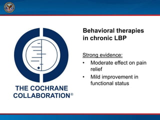 Strong evidence:
• Moderate effect on pain
relief
• Mild improvement in
functional status
Behavioral therapies
in chronic LBP
 