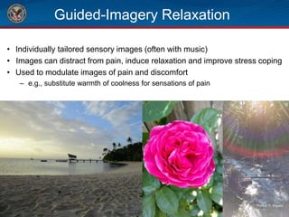 Guided-Imagery Relaxation
• Individually tailored sensory images (often with music)
• Images can distract from pain, induce relaxation and improve stress coping
• Used to modulate images of pain and discomfort
– e.g., substitute warmth of coolness for sensations of pain
Photos: D. Kopacz
 