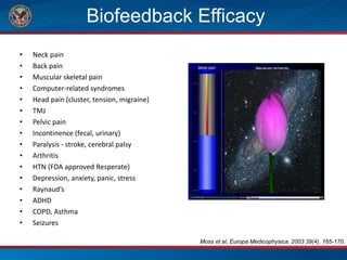 Biofeedback Efficacy
• Neck pain
• Back pain
• Muscular skeletal pain
• Computer-related syndromes
• Head pain (cluster, tension, migraine)
• TMJ
• Pelvic pain
• Incontinence (fecal, urinary)
• Paralysis - stroke, cerebral palsy
• Arthritis
• HTN (FDA approved Resperate)
• Depression, anxiety, panic, stress
• Raynaud’s
• ADHD
• COPD, Asthma
• Seizures
Moss et al, Europa Medicophysica. 2003 39(4). 165-170.
 