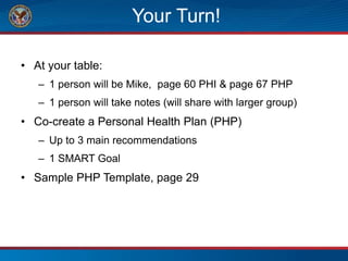 Your Turn!
• At your table:
– 1 person will be Mike, page 60 PHI & page 67 PHP
– 1 person will take notes (will share with larger group)
• Co-create a Personal Health Plan (PHP)
– Up to 3 main recommendations
– 1 SMART Goal
• Sample PHP Template, page 29
 