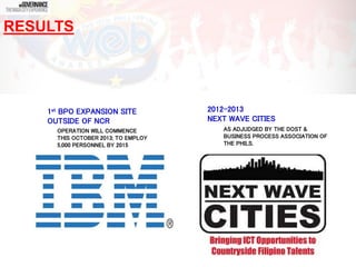 1st BPO EXPANSION SITE
OUTSIDE OF NCR
2012-2013
NEXT WAVE CITIES
OPERATION WILL COMMENCE
THIS OCTOBER 2013; TO EMPLOY
5,000 PERSONNEL BY 2015
AS ADJUDGED BY THE DOST &
BUSINESS PROCESS ASSOCIATION OF
THE PHILS.
RESULTS
 