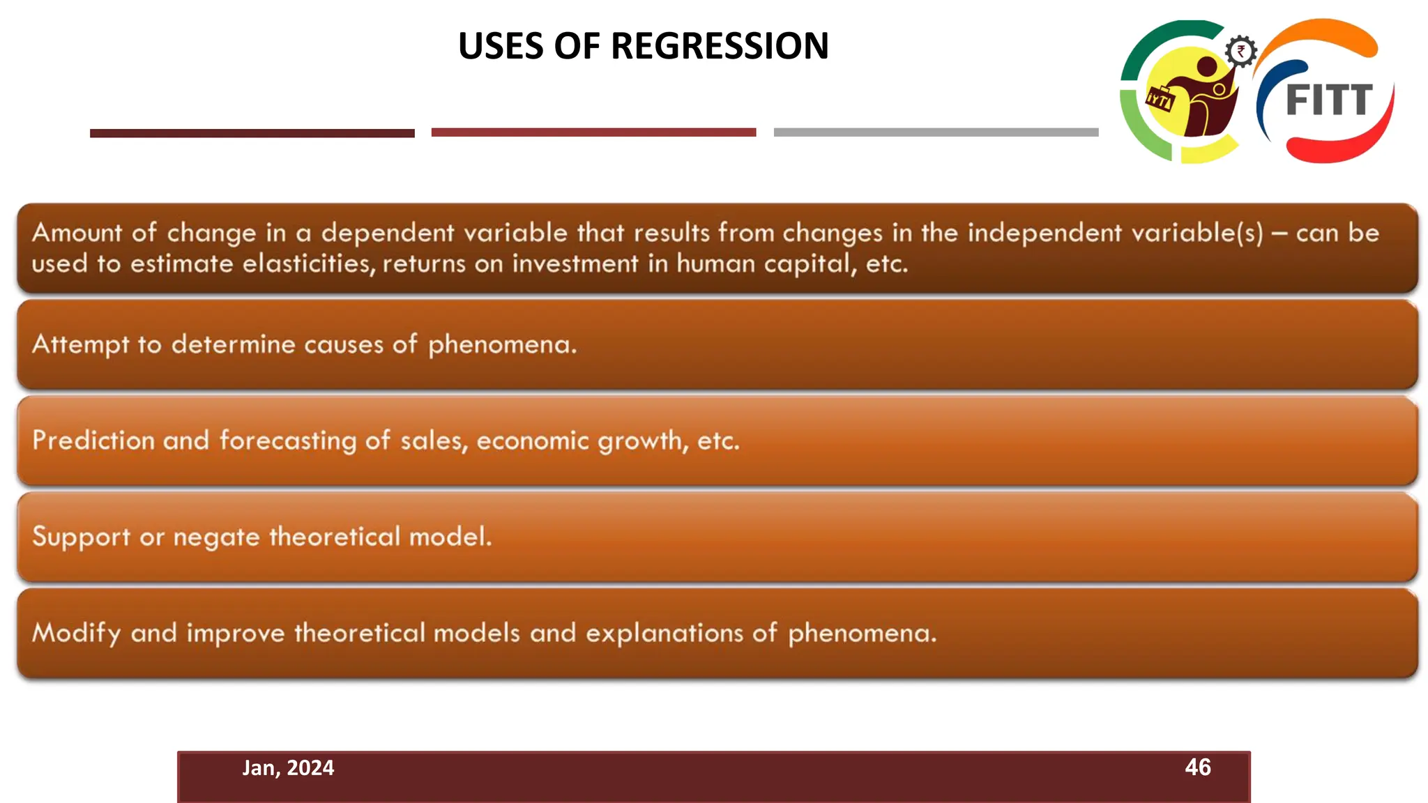 Jan, 2024 46
USES OF REGRESSION
 