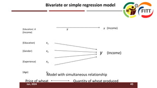 y (Income)
Bivariate or simple regression model
Price of wheat Quantity of wheat produced
Model with simultaneous relationship
(Education) x y
(Income)
(Education) x1
(Gender) x2
(Experience) x3
(Age) x4
y (Income)
Jan, 2024 43
 