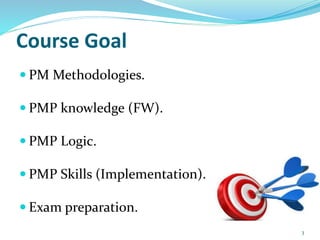 Course Goal
 PM Methodologies.
 PMP knowledge (FW).
 PMP Logic.
 PMP Skills (Implementation).
 Exam preparation.
3
 