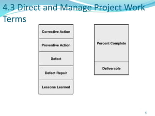 4.3 Direct and Manage Project Work
Terms
Corrective Action
Preventive Action
Defect
Defect Repair
Lessons Learned
37
Percent Complete
Deliverable
 