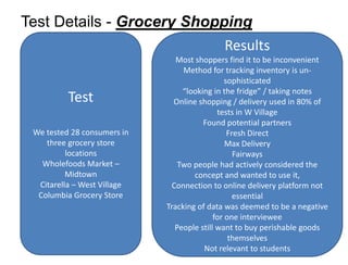 Test Details - Grocery Shopping
                                            Results
                                Most shoppers find it to be inconvenient
                                  Method for tracking inventory is un-
                                                sophisticated
                                  “looking in the fridge” / taking notes
          Test                 Online shopping / delivery used in 80% of
                                             tests in W Village
                                        Found potential partners
 We tested 28 consumers in                       Fresh Direct
    three grocery store                         Max Delivery
          locations                                Fairways
   Wholefoods Market –           Two people had actively considered the
          Midtown                    concept and wanted to use it,
  Citarella – West Village     Connection to online delivery platform not
  Columbia Grocery Store                           essential
                             Tracking of data was deemed to be a negative
                                            for one interviewee
                                People still want to buy perishable goods
                                                 themselves
                                        Not relevant to students
 