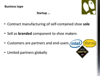 Business type
                    Startup …


• Contract manufacturing of self-contained shoe sole

• Sell as branded component to shoe makers

• Customers are partners and end-users

• Limited partners globally
 