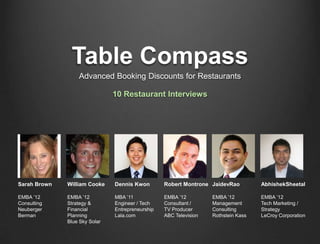 Table Compass
                  Advanced Booking Discounts for Restaurants

                               10 Restaurant Interviews




Sarah Brown   William Cooke    Dennis Kwon        Robert Montrone JaidevRao         AbhishekSheetal

EMBA ‟12      EMBA ‟12         MBA ‟11            EMBA ‟12         EMBA ‟12         EMBA ‟12
Consulting    Strategy &       Engineer / Tech    Consultant /     Management       Tech Marketing /
Neuberger     Financial        Entrepreneurship   TV Producer      Consulting       Strategy
Berman        Planning         Lala.com           ABC Television   Rothstein Kass   LeCroy Corporation
              Blue Sky Solar
 