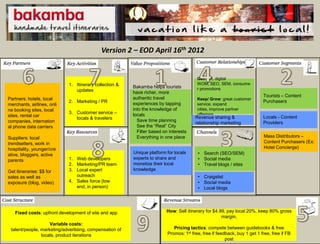 Version 2 – EOD April 16th 2012


                                                                                         Get: PR, digital
                            1. Itinerary collection &                                    WOM, SEO, SEM, consume
                                                         Bakamba helps tourists          r promotions
                               updates                   have richer, more
                                                         authentic travel                                                  Tourists – Content
Partners: hotels, local                                                                  Keep/ Grow: great customer
                            2. Marketing / PR            experiences by tapping                                            Purchasers
merchants, airlines, onli                                                                service, expand
ne booking sites, local                                  into the knowledge of           cities, improve partner
                            3. Customer service –        locals                          offerings
sites, rental car                                                                       Revenue sharing &                  Locals - Content
                               locals & travelers          Save time planning
companies, internation                                                                  relationship marketing             Providers
al phone data carriers                                     See the “Real” City
                                                           Filter based on interests
Suppliers: local                                           Everything in one place                                          Mass Distributors –
trendsetters, work in                                                                                                       Content Purchasers (Ex:
hospitality, younger/cre                                                                                                    Hotel Concierge)
ative, bloggers, active                                  Unique platform for locals      • Search (SEO/SEM)
parents                     1. Web developers            experts to share and            • Social media
                            2. Marketing/PR team         monetize their local            • Travel blogs / sites
Get itineraries: $$ for     3. Local expert              knowledge
sales as well as               outreach                                                  • Craigslist
exposure (blog, video)      4. Sales force (low                                          • Social media
                               end, in person)                                           • Local blogs




   Fixed costs: upfront development of site and app                      How: Sell itinerary for $4.99, pay local 20%, keep 80% gross
                                                                                                     margin.
                    Variable costs:
 talent/people, marketing/advertising, compensation of                       Pricing tactics: compete between guidebooks & free
                locals, product iterations                                Promos: 1st free, free if feedback, buy 1 get 1 free, free if FB
                                                                                                        post
 