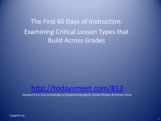The First 60 Days of Instruction:
Examining Critical Lesson Types that
Build Across Grades
EngageNY.org
1
http://todaysmeet.com/812
Adapted from Core Knowledge by Stephanie Bizzigotti, Ashlee Rhodes & Pamela Tellier
 