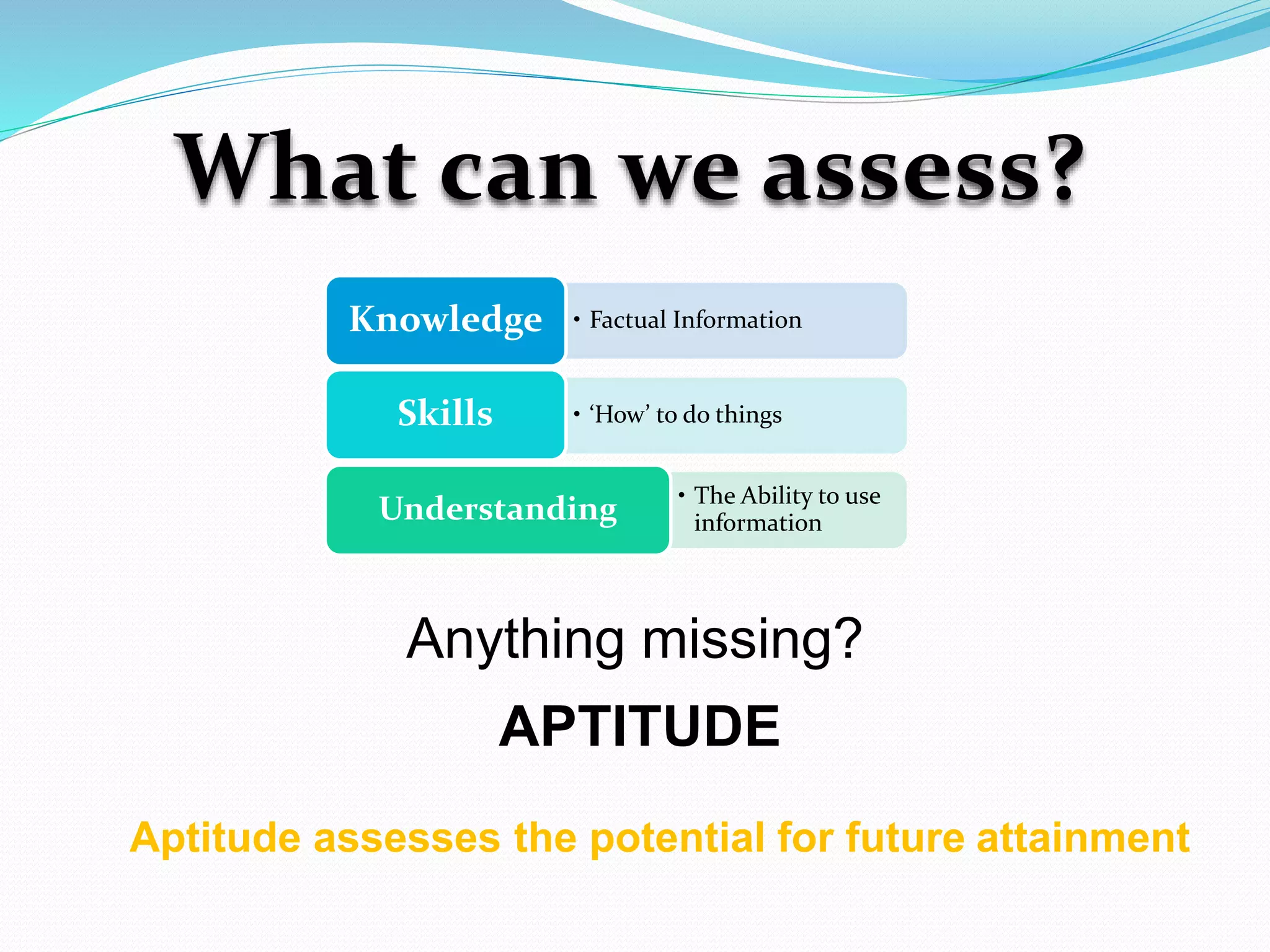 What can we assess?
• Factual InformationKnowledge
• ‘How’ to do thingsSkills
• The Ability to use
informationUnderstanding
Anything missing?
APTITUDE
Aptitude assesses the potential for future attainment
 