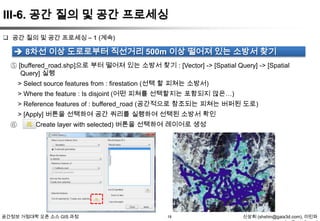 III-6. 공간 질의 및 공간 프로세싱
 공간 질의 및 공간 프로세싱 – 1 (계속)

 8차선 이상 도로로부터 직선거리 500m 이상 떨어져 있는 소방서 찾기
⑤ [buffered_road.shp]으로 부터 떨어져 있는 소방서 찾기 : [Vector] -> [Spatial Query] -> [Spatial
Query] 실행
> Select source features from : firestation (선택 할 피쳐는 소방서)
> Where the feature : Is disjoint (어떤 피쳐를 선택할지는 포함되지 않은…)
> Reference features of : buffered_road (공간적으로 참조되는 피쳐는 버퍼된 도로)
> [Apply] 버튼을 선택하여 공간 쿼리를 실행하여 선택된 소방서 확인

⑥

(Create layer with selected) 버튼을 선택하여 레이어로 생성

공간정보 거점대학 오픈 소스 GIS 과정

18

신상희 (shshin@gaia3d.com), 이민파

 