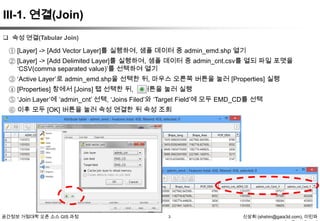 III-1. 연결(Join)
 속성 연결(Tabular Join)

① [Layer] -> [Add Vector Layer]를 실행하여, 샘플 데이터 중 admin_emd.shp 열기
② [Layer] -> [Add Delimited Layer]를 실행하여, 샘플 데이터 중 admin_cnt.csv를 열되 파일 포맷을
„CSV(comma separated value)‟를 선택하여 열기

③ „Active Layer‟로 admin_emd.shp을 선택한 뒤, 마우스 오른쪽 버튼을 눌러 [Properties] 실행
④ [Properties] 창에서 [Joins] 탭 선택한 뒤, 버튼을 눌러 실행
⑤ „Join Layer‟에 „admin_cnt‟ 선택, „Joins Filed‟와 „Target Field‟에 모두 EMD_CD를 선택
⑥ 이후 모두 [OK] 버튼을 눌러 속성 연결한 뒤 속성 조회

공간정보 거점대학 오픈 소스 GIS 과정

3

신상희 (shshin@gaia3d.com), 이민파

 