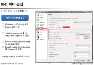 III-2. 벡터 편집
 벡터 레이어 생성 및 편집 – 2

디지타이징 환경 설정
① [Settings] -> [Options] 실행
② [Digitize] 탭 선택
③ “Default snap mode‟를 „To
vertex and segment‟로 설정
④ Default snapping tolerance를
10 pixels로 설정
⑤ Search radius for vertex edits
를 10 pixels로 설정

※ Map units 와 Pixels의 차이점…

공간정보 거점대학 오픈 소스 GIS 과정

6

신상희 (shshin@gaia3d.com), 이민파

 