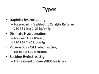 Types
• Naphtha hydrotreating
– For preparing feedstock to Catalytic Reformer
– 230-330 Deg C, 22 kg/cm2g
• Distillate Hydrotreating
– For clean fuels (Diesel)
– 310-390 C, 40 kg/cm2g
• Vacuum Gas Oil Hydrotreating
– For better FCC feedstock
• Residue Hydrotreating
– Pretreatment of Coker/VRDS feedstock
 