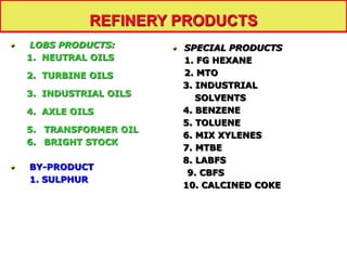 LOBS PRODUCTS:
1. NEUTRAL OILS
2. TURBINE OILS
3. INDUSTRIAL OILS
4. AXLE OILS
5. TRANSFORMER OIL
6. BRIGHT STOCK
BY-PRODUCT
1. SULPHUR
SPECIAL PRODUCTS
1. FG HEXANE
2. MTO
3. INDUSTRIAL
SOLVENTS
4. BENZENE
5. TOLUENE
6. MIX XYLENES
7. MTBE
8. LABFS
9. CBFS
10. CALCINED COKE
REFINERY PRODUCTS
 