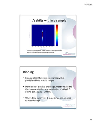 14-2-2013




        m/z shifts within a sample




    Small m/z shifts probably due to centroid sampling mode MS
    spectra and mass fluctuations during recording




Binning
• Binning algorithm: sum intensities within
  predefined bins = mass ranges

• Definition of bins is a challenge, mostly related to
  the mass resolution (e.g. resolution = 10 000
  define bin 100.00 – 100.01)

• When done incorrect                   large influence on peak
  extraction steps




                                                                        11
 