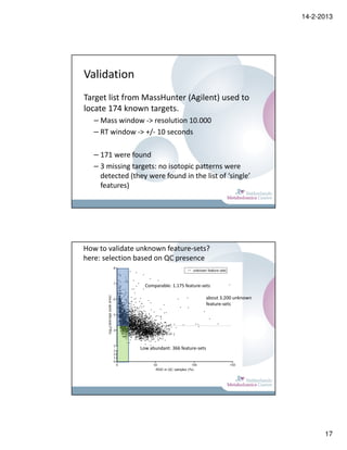 14-2-2013




Validation
Target list from MassHunter (Agilent) used to
locate 174 known targets.
   – Mass window -> resolution 10.000
   – RT window -> +/- 10 seconds

   – 171 were found
   – 3 missing targets: no isotopic patterns were
     detected (they were found in the list of ‘single’
     features)




How to validate unknown feature-sets?
here: selection based on QC presence


                    Comparable: 1.175 feature-sets

                                                   about 3.200 unknown
                                                   feature-sets




                  Low abundant: 366 feature-sets




                                                                               17
 