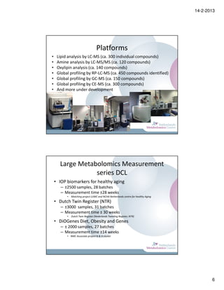 14-2-2013




                                    Platforms
•    Lipid analysis by LC-MS (ca. 300 individual compounds)
•    Amine analysis by LC-MS/MS (ca. 120 compounds)
•    Oxylipin analysis (ca. 140 compounds)
•    Global profiling by RP-LC-MS (ca. 450 compounds identified)
•    Global profiling by GC-MS (ca. 150 compounds)
•    Global profiling by CE-MS (ca. 300 compounds)
•    And more under development




      Large Metabolomics Measurement
                 series DCL
    • IOP biomarkers for healthy aging
       – ±2500 samples, 28 batches
       – Measurement time ±28 weeks
          •   Matching project LUMC and NCHA Netherlands centre for healthy Aging
    • Dutch Twin Register (NTR)
       – ±3000 samples, 31 batches
       – Measurement time ± 30 weeks
          •   Dutch Twin Register (Nederlands Tweeling Register, NTR)
    • DiOGenes Diet, Obesity and Genes
       – ± 2000 samples, 27 batches
       – Measurement time ±14 weeks
          • NMC Associate project N & H cluster




                                                                                           6
 