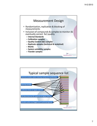 14-2-2013




                     Measurement Design
   • Randomization, replication & blocking of
     measurements
   • Inclusion of compounds & samples to monitor (&
     eventually correct for) quality
        –   Internal Standards
        –   Calibration samples
        –   Quality Control (QC) samples
        –   Replicate samples (technical & analytical)
        –   Blanks
        –   System suitability samples
        –   Transfer samples




            Typical sample sequence list                         Orde r
                                                                   1
                                                                   2
                                                                   3
                                                                           Nam e
                                                                           Blank
                                                                           Blank
                                                                           Blank
                                                                                           Id
                                                                                         Blank
                                                                                         Blank
                                                                                         Blank
                                                                                                       Leve l Batch P repar atio n Injectio n isSamp le isSST isQC isd QC isBlan k isCal isOut lier isSuspe ct
                                                                                                         0
                                                                                                         0
                                                                                                         0
                                                                                                               5
                                                                                                               5
                                                                                                               5
                                                                                                                         1
                                                                                                                         1
                                                                                                                         1
                                                                                                                                                                              1
                                                                                                                                                                              1
                                                                                                                                                                              1
                                                                                                                                                                                                                             Co mmen t




                                                                   4       Blank         Blank           0     5         1                                                    1
                                                                   5      dSST.C2       dSST.C2          2     5         1                               1
                                                                   6       SST.C2        SST.C2          2     5         1                               1
                                                                   7        dQ C          dQ C           4     5         1                                           1




Technical samples: system cleaning, testing and equilibrating.
                                                                   8         QC            QC            4     5         1                                     1
                                                                   9      P5.C6.a          C6            6     5         1                                                           1
                                                                  10      P5.C7.a          C7            7     5         1                                                           1
                                                                  11      P5.C0.a          C0            0     5         1                                                           1
                                                                  12      P5.C1.a          C1            1     5         1                                                           1
                                                                  13      P5.C4.a          C4            4     5         1                                                           1
                                                                  14      P5.C5.a          C5            5     5         1                                                           1
                                                                  15      P5.C2.a          C2            2     5         1                                                           1
                                                                  16      P5.C3.a          C3            3     5         1                                                           1
                                                                  17       P5.C1     0543_090.3.01.0     4     5         1                      1
                                                                  18       P5.D1     0546_094.3.01.0     4     5         1                      1
                                                                  19       P5.E1     0550_076.3.01.0     4     5         1                      1
                                                                  20        QC            QC             4     5         1                                     1
                                                                  21       Blank         Blank           0     5         1                                                   1
                                                                  22       dQ C            QC            4     5         1                                     1     1
                                                                  23       P5.F 1    0553_015.3.15.0     4     5         1                      1
                                                                  24       P5.G1     0555_097.3.01.0     4     5         1                      1
                                                                  25       P5.H1     0556_097.3.01.1     4     5         1                      1                                                       1        There might be somethi ng wrong here
                                                                  26       P5.A2     0559_077.3.05.0     4     5         1                      1
                                                                  27       P5.B2     0561_103.3.01.1     4     5         1                      1                                            1                          Something wrong here
                                                                  28       P5.C2     0563_103.3.01.0     4     5         1                      1
                                                                  29       P5.D2     0564_093.3.03.0     4     5         1                      1
                                                                  30       P5.E2 0570_095.3.01.0         4     5         1                      1
                                                                  31      P5. bE1 0550_076.3.01.0        4     5         2                      1
                                                                  32      P5. bA7 0631_057.3.09.0        4     5         2                      1
                                                                  33        QC          QC               4     5         1                                     1
                                                                  34       Blank         Blank           0     5         1                                                   1
                                                                  35       dQ C          dQ C            4     5         1                                           1
                                                                  36       P5.F 2    0571_105.3.04.0     4     5         1                      1
                                                                  37       P5.G2     0573_105.3.03.0     4     5         1                      1
                                                                  38       P5.H2     0574_099.3.02.0     4     5         1                      1
                                                                  39       P5.A3     0575_099.3.01.0     4     5         1                      1
                                                                  40       P5.B3     0577_099.3.03.0     4     5         1                      1
                                                                  41       P5.C3     0578_099.3.01.1     4     5         1                      1
                                                                  42       P5.D3     0581_096.3.01.0     4     5         1                      1
                                                                  43       P5.E3     0582_101.3.01.0     4     5         1                      1
                                                                  44       P5.F 3    0584_123.3.01.0     4     5         1                      1
                                                                  45       P5.G3     0585_085.3.01.0     4     5         1                      1
                                                                  46        QC            QC             4     5         1                                     1
                                                                  47       Blank         Blank           0     5         1                                                   1
                                                                  48        dQ C          dQ C           4     5         1                                           1
                                                                  49       P5.H3     0587_085.3.01.1     4     5         1                      1
                                                                  50       P5.A4     0589_095.3.01.1     4     5         1                      1
                                                                  51       P5.B4     0590_105.3.01.0     4     5         1                      1
                                                                  52       P5.C4     0591_105.3.02.0     4     5         1                      1
                                                                  53       P5.D4     0593_077.3.12.1     4     5         1                      1




Running samples
                                                                  54       P5.E4     0594_077.3.12.0     4     5         1                      1
                                                                  55      P5. bF9 0664_130.3.20.1        4     5         2                      1
                                                                  56      P5. bF10 0678_118.3.01.0       4     5         2                      1
                                                                  57       P5.F 4    0597_117.3.02.1     4     5         1                      1
                                                                  58       P5.G4     0598_117.3.02.0     4     5         1                      1
                                                                  59        QC            QC             4     5         1                                     1
                                                                  60       Blank         Blank           0     5         1                                                   1
                                                                  61        dQ C          dQ C           4     5         1                                           1
                                                                  62       P5.H4     0599_117.3.01.1     4     5         1                      1
                                                                  63       P5.A5     0600_117.3.01.0     4     5         1                      1
                                                                  64       P5.B5     0603_098.3.04.0     4     5         1                      1
                                                                  65       P5.C5     0604_098.3.02.0     4     5         1                      1
                                                                  66       P5.D5     0605_098.3.01.0     4     5         1                      1
                                                                  67       P5.E5 0606_098.3.01.1         4     5         1                      1
                                                                  68      P5. bB3 0577_099.3.03.0        4     5         2                      1
                                                                  69      P5. bH3 0587_085.3.01.1        4     5         2                      1
                                                                  70       P5.F 5 0607_015.3.16.0        4     5         1                      1
                                                                  71       P5.G5     0608_078.3.02.0     4     5         1                      1
                                                                  72        QC             QC            4     5         1                                     1
                                                                  73       Blank         Blank           0     5         1                                                   1
                                                                  74       dQ C          dQ C            4     5         1                                           1
                                                                  75       P5.H5     0609_078.3.03.0     4     5         1                      1
                                                                  76       P5.A6     0611_078.3.01.0     4     5         1                      1
                                                                  77       P5.B6     0612_088.3.02.0     4     5         1                      1
                                                                  78       P5.C6     0613_088.3.01.0     4     5         1                      1
                                                                  79       P5.D6     0616_085.3.02.0     4     5         1                      1
                                                                  80       P5.E6     0618_094.3.05.0     4     5         1                      1
                                                                  81      P5. bE6 0618_094.3.05.0        4     5         2                      1
                                                                  82      P5. bB10 0673_107.3.05.0       4     5         2                      1
                                                                  83      P5. bG1 0555_097.3.01.0        4     5         2                      1
                                                                  84      P5. bC4 0591_105.3.02.0        4     5         2                      1
                                                                  85        QC          QC               4     5         1                                     1
                                                                  86       Blank         Blank           0     5         1                                                   1




Calibration blocks at regular intervals
                                                                  87       dQ C          dQ C            4     5         1                                           1
                                                                  88      P5.C3.b          C3            3     5         1                                                           1
                                                                  89      P5.C7.b          C7            7     5         1                                                           1
                                                                  90      P5.C2.b          C2            2     5         1                                                           1
                                                                  91      P5.C6.b          C6            6     5         1                                                           1
                                                                  92      P5.C5.b          C5            5     5         1                                                           1
                                                                  93      P5.C4.b          C4            4     5         1                                                           1
                                                                  94      P5.C0.b          C0            0     5         1                                                           1
                                                                  95      P5.C1.b          C1            1     5         1                                                           1
                                                                  96       P5.F 6    0620_107.3.01.0     4     5         1                      1
                                                                  97       P5.G6     0629_092.3.01.1     4     5         1                      1
                                                                  98       P5.H6     0630_092.3.01.0     4     5         1                      1
                                                                  99        QC             QC            4     5         1                                     1
                                                                  100      Blank         Blank           0     5         1                                                   1
                                                                  101      dQ C          dQ C            4     5         1                                           1
                                                                  102      P5.A7     0631_057.3.09.0     4     5         1                      1
                                                                  103      P5.B7     0632_057.3.09.1     4     5         1                      1
                                                                  104      P5.C7     0634_091.3.01.0     4     5         1                      1
                                                                  105      P5.D7     0635_015.3.17.0     4     5         1                      1
                                                                  106      P5.E7     0638_072.3.01.0     4     5         1                      1
                                                                  107      P5.F 7    0639_066.3.03.0     4     5         1                      1
                                                                  108      P5.G7     0640_066.3.03.1     4     5         1                      1
                                                                  109      P5.H7     0642_109.3.02.0     4     5         1                      1
                                                                  110      P5.A8     0643_109.3.01.0     4     5         1                      1
                                                                  111      P5.B8     0646_110.3.06.1     4     5         1                      1
                                                                  112       QC            QC             4     5         1                                     1
                                                                  113      Blank         Blank           0     5         1                                                   1
                                                                  114      dQ C          dQ C            4     5         1                                           1
                                                                  115      P5.C8     0647_110.3.01.0     4     5         1                      1
                                                                  116      P5.D8     0648_110.3.03.1     4     5         1                      1
                                                                  117      P5.E8     0649_110.3.03.0     4     5         1                      1
                                                                  118      P5.F 8    0650_110.3.06.0     4     5         1                      1
                                                                  119     P5. bH6 0630_092.3.01.0        4     5         2                      1
                                                                  120     P5. bF11 0689_065.3.22.0       4     5         2                      1
                                                                  121      P5.G8     0651_110.3.02.0     4     5         1                      1
                                                                  122      P5.H8     0655_108.3.01.1     4     5         1                      1
                                                                  123      P5.A9     0656_108.3.01.0     4     5         1                      1
                                                                  124      P5.B9     0658_111.3.01.0     4     5         1                      1
                                                                  125       QC            QC             4     5         1                                     1




QC-blank-(dummy) QC sequence at regular intervals
                                                                  126      Blank         Blank           0     5         1                                                   1
                                                                  127       dQ C          dQ C           4     5         1                                           1
                                                                  128      P5.C9     0659_111.3.02.0     4     5         1                      1
                                                                  129      P5.D9     0661_128.3.01.0     4     5         1                      1
                                                                  130     P5. bF4    0597_117.3.02.1     4     5         2                      1
                                                                  131     P5. bC10 0675_129.3.01.1       4     5         2                      1
                                                                  132      P5.E9 0663_130.3.20.0         4     5         1                      1
                                                                  133      P5.F 9    0664_130.3.20.1     4     5         1                      1
                                                                  134      P5.G9     0665_130.3.19.1     4     5         1                      1
                                                                  135      P5.H9     0666_130.3.19.0     4     5         1                      1
                                                                  136      P5.A10    0668_097.3.10.0     4     5         1                      1
                                                                  137      P5.B10    0673_107.3.05.0     4     5         1                      1
                                                                  138       QC             QC            4     5         1                                     1
                                                                  139      Blank         Blank           0     5         1                                                   1
                                                                  140      dQ C          dQ C            4     5         1                                           1
                                                                  141     P5. bB5 0603_098.3.04.0        4     5         2                      1
                                                                  142      P5.C10 0675_129.3.01.1        4     5         1                      1
                                                                  143      P5.D10    0676_129.3.01.0     4     5         1                      1
                                                                  144      P5.E10    0677_118.3.01.1     4     5         1                      1
                                                                  145      P5.F 10   0678_118.3.01.0     4     5         1                      1
                                                                  146      P5.G10 0681_118.3.02.0        4     5         1                      1
                                                                  147     P5. bH10 0683_078.3.05.0       4     5         2                      1
                                                                  148     P5. bD4 0593_077.3.12.1        4     5         2                      1                                            1                         O nly Integrated for TGs
                                                                  149     P5.H10 0683_078.3.05.0         4     5         1                      1
                                                                  150      P5.A11    0684_065.3.27.0     4     5         1                      1
                                                                  151       QC             QC            4     5         1                                     1
                                                                  152      Blank         Blank           0     5         1                                                   1
                                                                  153      dQ C          dQ C            4     5         1                                           1
                                                                  154      P5.B11    0685_065.3.28.0     4     5         1                      1
                                                                  155      P5.C11    0686_065.3.29.0     4     5         1                      1
                                                                  156      P5.D11    0687_065.3.26.0     4     5         1                      1
                                                                  157      P5.E11    0688_065.3.30.0     4     5         1                      1
                                                                  158      P5.F 11   0689_065.3.22.0     4     5         1                      1
                                                                  159      P5.G11    0690_065.3.20.0     4     5         1                      1
                                                                  160      P5.H11    0691_065.3.24.0     4     5         1                      1
                                                                  161      P5.A12    0693_065.3.23.0     4     5         1                      1




Possible outliers are flagged and if confirmed ignored
                                                                  162      P5.B12    0694_065.3.25.0     4     5         1                      1
                                                                  163      P5.C12    0696_112.3.04.0     4     5         1                      1
                                                                  164       QC            QC             4     5         1                                     1
                                                                  165      Blank         Blank           0     5         1                                                   1
                                                                  166       dQ C          dQ C           4     5         1                                           1
                                                                  167      P5.D12    0697_112.3.04.1     4     5         1                      1
                                                                  168      P5.E12    0699_072.3.02.1     4     5         1                      1
                                                                  169      P5.F 12   0692_065.3.21.0     4     5         1                      1
                                                                  170     P5.C0.c          C0            0     5         1                                                           1
                                                                  171     P5.C2.c          C2            2     5         1                                                           1
                                                                  172     P5.C4.c          C4            4     5         1                                                           1
                                                                  173     P5.C6.c          C6            6     5         1                                                           1
                                                                  174     P5.C5.c          C5            5     5         1                                                           1
                                                                  175     P5.C3.c          C3            3     5         1                                                           1
                                                                  176     P5.C7.c          C7            7     5         1                                                           1
                                                                  177     P5.C1.c       C1               1     5         1                                                           1
                                                                  178     P5. bH7 0642_109.3.02.0        4     5         2                      1
                                                                  179       QC            QC             4     5         1                                     1
                                                                  180      Blank         Blank           4     5         1                                                   1
                                                                  181      Blank         Blank           0     5         1                                                   1
                                                                  182      Blank         Blank           0     5         1                                                   1




                                                                                                                                                                                                                                                               7
 