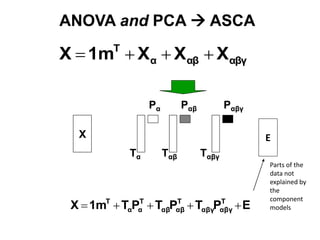 ANOVA and PCA  ASCA

X  1m  Xα  Xαβ  Xαβγ
          T




                   Pα         Pαβ          Pαβγ

  X                                               E
              Tα        Tαβ         Tαβγ
                                                  Parts of the
                                                  data not
                                                  explained by
                                                  the
                                                  component
 X  1mT  TαPα  TαβPαβ  TαβγPαβγ  E
              T       T         T
                                                  models
 